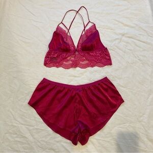Inner Secrets Satin and Lace Bralette and Lounge Shorts in Hot Pink L